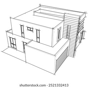 Bosquejo arquitectónico de la ilustración 3d del edificio moderno