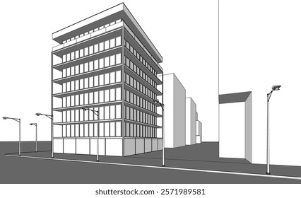 Architectural sketch of modern building 3d rendering