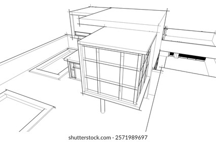 Architectural sketch of modern building 3d rendering