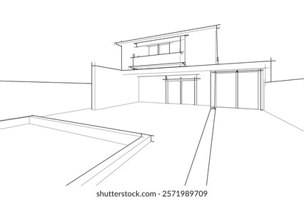 Architectural sketch of modern building 3d rendering