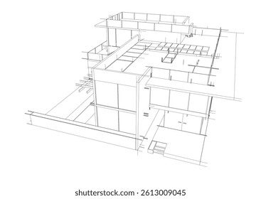 Architectural sketch of modern building 3d rendering