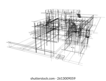 Architectural sketch of modern building 3d rendering