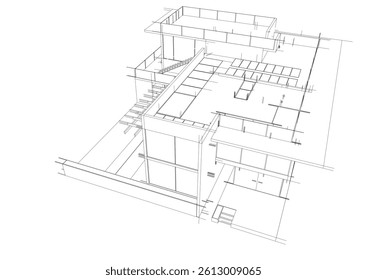 Architectural sketch of modern building 3d rendering