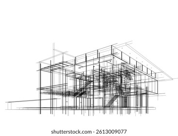 Architectural sketch of modern building 3d rendering
