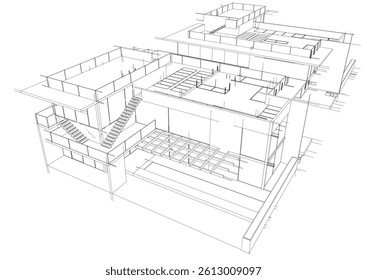 Architectural sketch of modern building 3d rendering