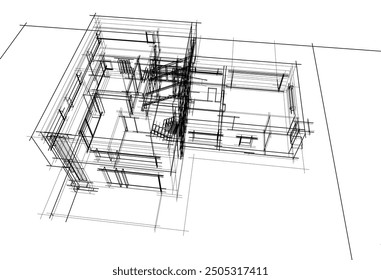 Architectural sketch of modern house building 3d illustration