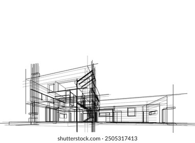 Architectural sketch of modern house building 3d illustration