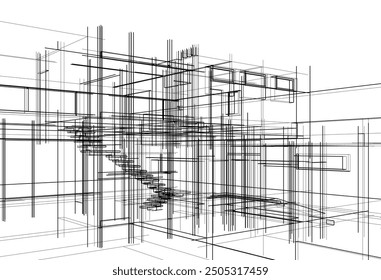 Architectural sketch of modern house building 3d illustration