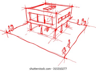 architectural sketch of modern house with no background
