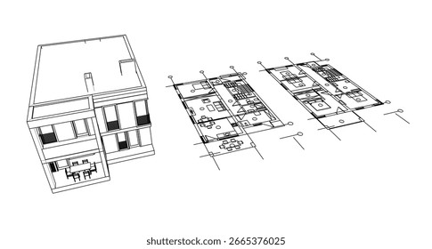 Boceto arquitectónico de una casa moderna. Vector 3D ilustración