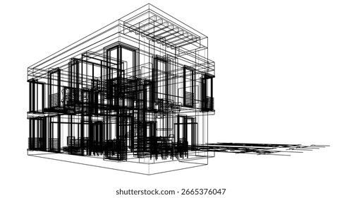 Architectural sketch of a modern house. Vector 3d illustration