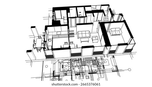 Boceto arquitectónico de una casa moderna. Vector 3D ilustración