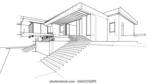 Esboço arquitetônico de uma casa moderna. Ilustração em 3d vetorial