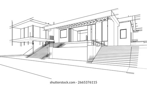 Boceto arquitectónico de una casa moderna. Vector 3D ilustración