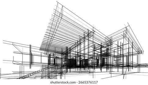 Esboço arquitetônico de uma casa moderna. Ilustração em 3d vetorial