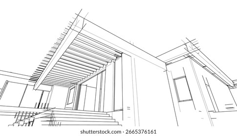 Architectural sketch of a modern house. Vector 3d illustration