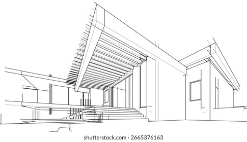 Architektonische Zeichnung eines modernen Hauses. 3D-Vektorgrafik
