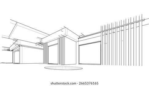 Esboço arquitetônico de uma casa moderna. Ilustração em 3d vetorial
