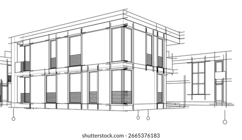 Architektonische Zeichnung eines modernen Hauses. 3D-Vektorgrafik