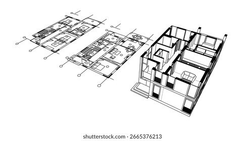 Boceto arquitectónico de una casa moderna. Vector 3D ilustración