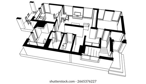 Architectural sketch of a modern house. Vector 3d illustration