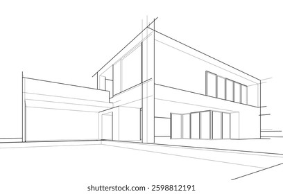 Architectural Sketch of Modern Residential House – Perspective View