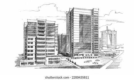 Architectural sketch of a multistory buildings. Freehand pencil drawing. Vector