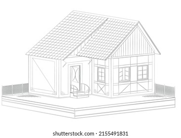 Architectural sketch of a residential building, 3d construction of a house with a roof and windows, vector illustration isolated on a white background suitable for plan and drawings