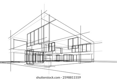 Architectural Sketch of a Residential House – Perspective View