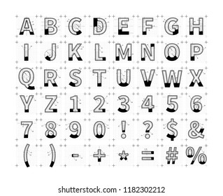 Architectural sketches of latin letters. Blueprint style font.