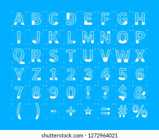 Architectural sketches of latin letters. Blueprint style font on blue