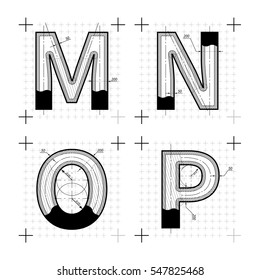 Architectural sketches of M N O P letters. Blueprint style font on white.