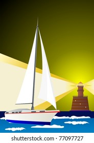 Architectural structure, a lighthouse. Sailing yacht and lighthouse standing on the beach serves light signal