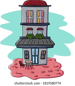 Estructura arquitectónica. Edificio de restaurante o cafetería, o edificio de apartamentos. Casa Exterior. Ilustración de imagen de clip vectorial.