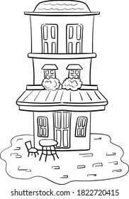 Architektur. Restaurant oder Café-Gebäude oder Wohngebäude. Haus Außen. Vektorclip-Kunstillustration. Farbseite oder Buch für Kinder und Erwachsene.