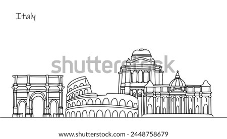 Architectural structures in Italy that attract tourists. Streets of Italy. Vector line illustration.