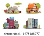 Architectural style different eras housing evolution 4 cartoon compositions from stone age cave to modern buildings vector illustration