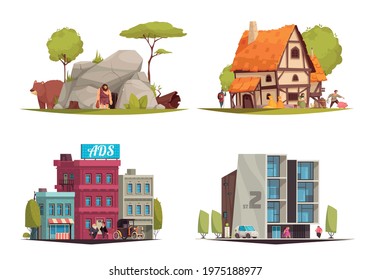 Architectural style different eras housing evolution 4 cartoon compositions from stone age cave to modern buildings vector illustration