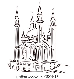 Architectural symbol of Kazan, the capital of Tatarstan, Russia. Qol Sharif mosque in Kazan Kremlin. Hand drawn vector illustration.