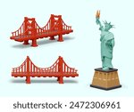 Architectural symbols, landmarks of America. Golden Gate Bridge, Statue of Liberty