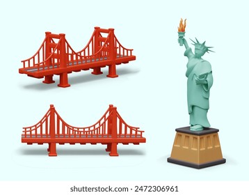 Architektonische Symbole, Wahrzeichen Amerikas. Golden Gate Bridge, Freiheitsstatue