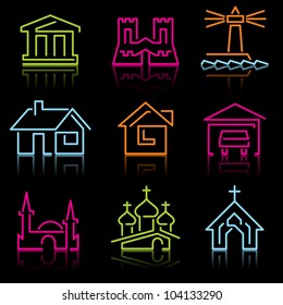 Architectural symbols. Set of vector icons from the luminous lines on a black background