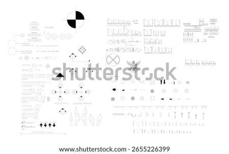 Architectural Symbols Vector Set: Arrows, Doors, Windows, North Signs, Elevation Marks for Interior and Architectural Drawings