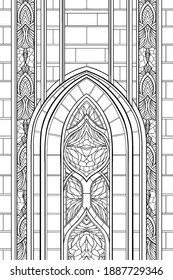 Architectural symmetric abstraction, pointed arch of a Gothic cathedral with patterns, stained glass window of an old church, decorative element of a medieval stone castle, graphic ornament, line art.