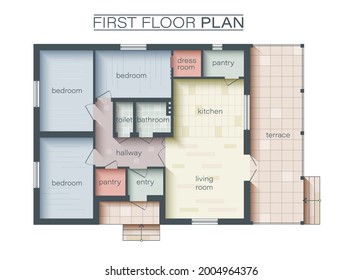 Architectural Technical Color Floor Plan. Colorful floor plan of a house. Three Bedrooms apartment architectural CAD drawing. Vector illustration