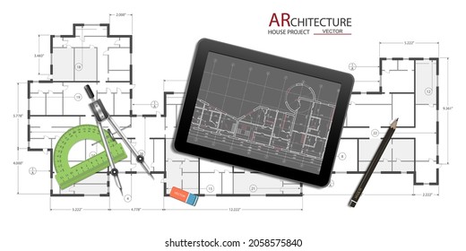 Architekturtechnische Zeichnung des Hauses.Design Engineer Workplace.Industrial Design Engineering Facility Office.Vektorgrafik .