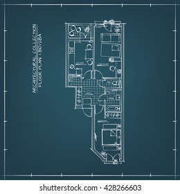 Architectural Technical Hand Drawn Floor Plan Of One Bedroom Apartment. Blueprint