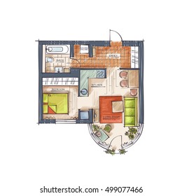 Architectural Technical Illustration. Hand Drawn Style Rendering. Vector Colorful Professional Drawing