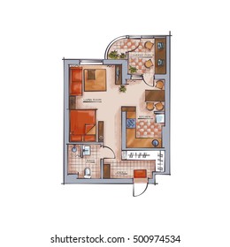 Architectural Technical Illustration. Hand Drawn Style Rendering. Vector Colorful Professional Drawing