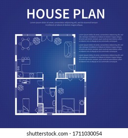 Architectural Template On Blue Background. House Plan On Blueprint With Place For Text. Vector Illustration.